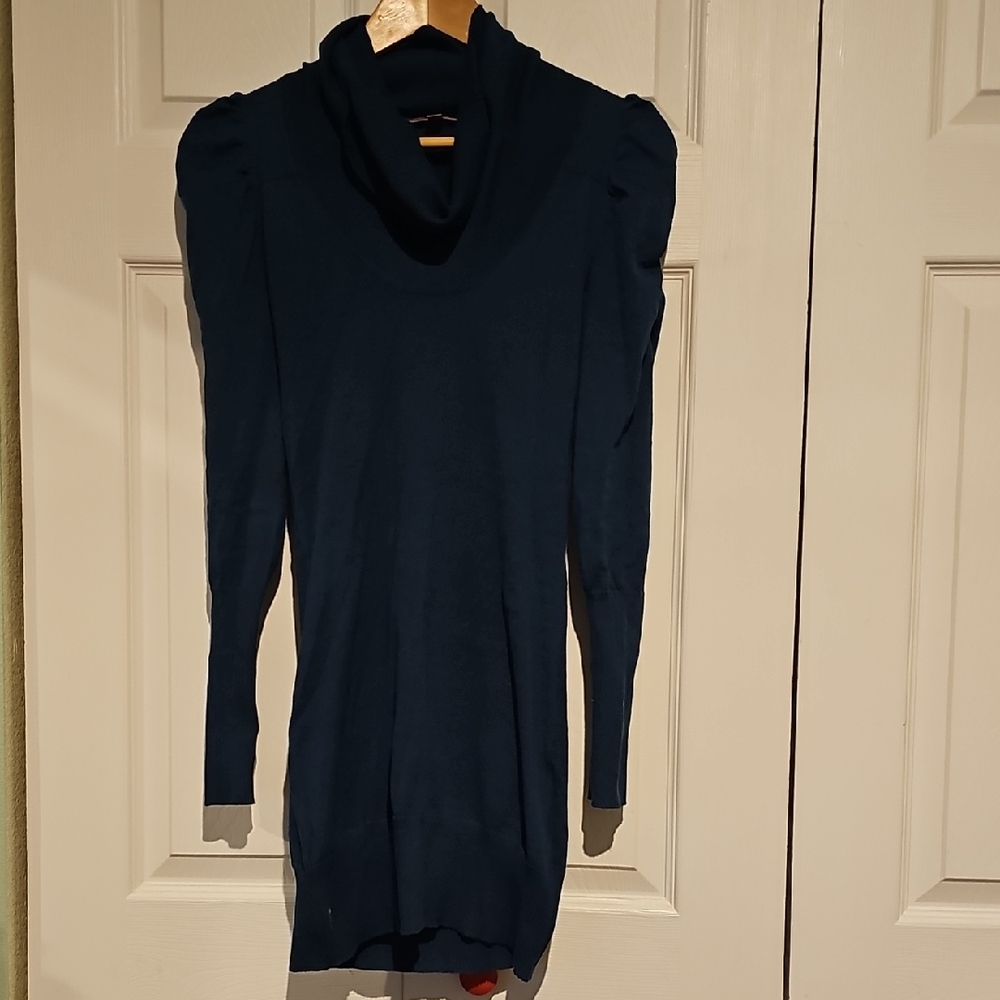 💙 Derek Heart Blue Cowl Neck Sweater Dress | Puff Shoulder | Long Sleeve | Size